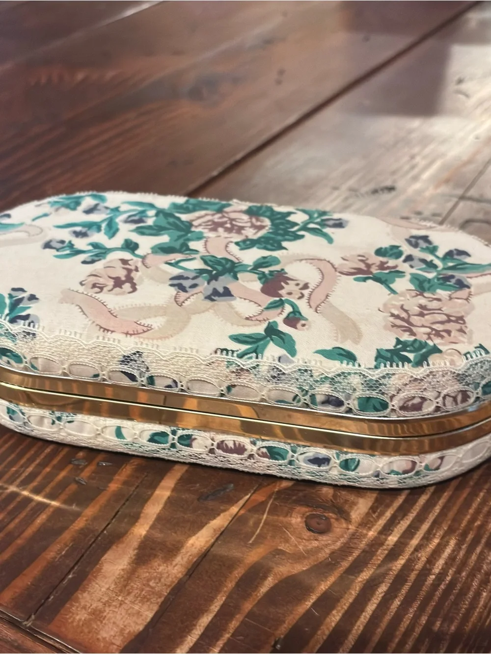 Vintage Floral Fabric withGold & Lace Accent Oval Jewelry Case 8”x4”